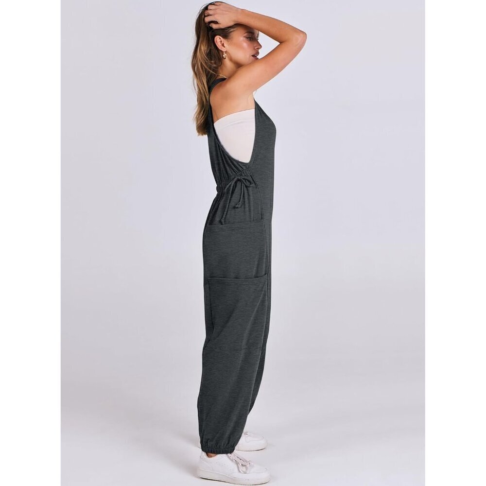 Women Dark Grey Overall Jumpsuit Loose Casual Dressy Sleeveless Baggy Romper - Picture 4 of 6